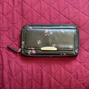 Jones New York Black Floral Zip Wallet with Pink Accents
